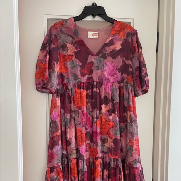 Anthropologie Samant Chauhan Dress Clemencia Midi Red Pink Floral Tiered Small - Picture 3 of 6